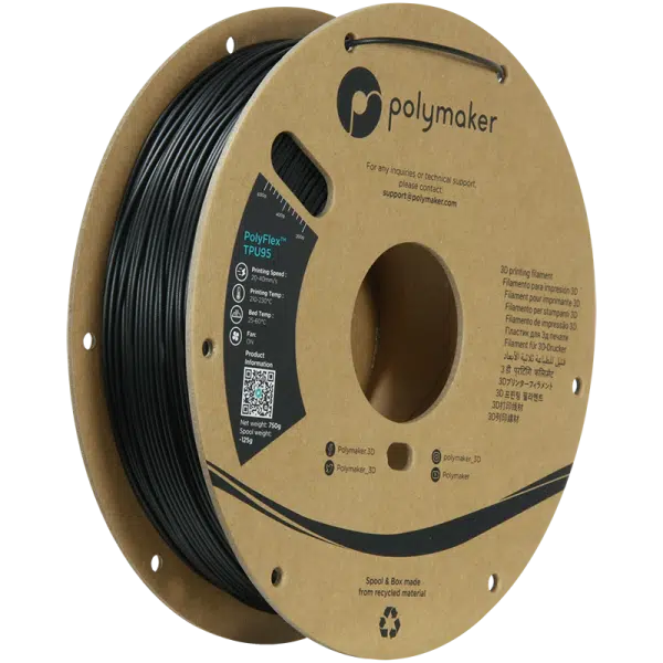 Κοντινό πλάνο μίας μπομπίνας POLYMAKER TPU-95A Filament 3D εκτύπωσης. Το Filament έχει ημιδιαφανές λευκό χρώμα με μαλακή υφή.