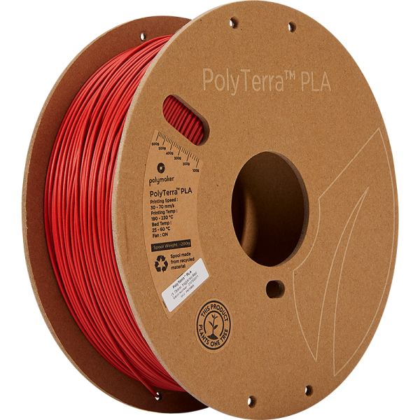 Close-up of a spool of Polymaker PolyTerra PLA 3D printing filament in Army Red. The filament is 1.75mm in diameter and weighs 1kg. Ideal for matte finish prints and eco-friendly. (Polymaker, PolyTerra PLA, Army Red, 1.75mm, 1kg, 3D printing filament, eco-friendly)