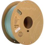 Close-up of a spool of Polymaker PolyTerra PLA 3D printing filament in a muted green color. The filament is 1.75mm in diameter and weighs 1kg. Ideal for matte finish prints and eco-friendly. (Polymaker, PolyTerra PLA, Muted Green, 1.75mm, 1kg, 3D printing filament, eco-friendly)