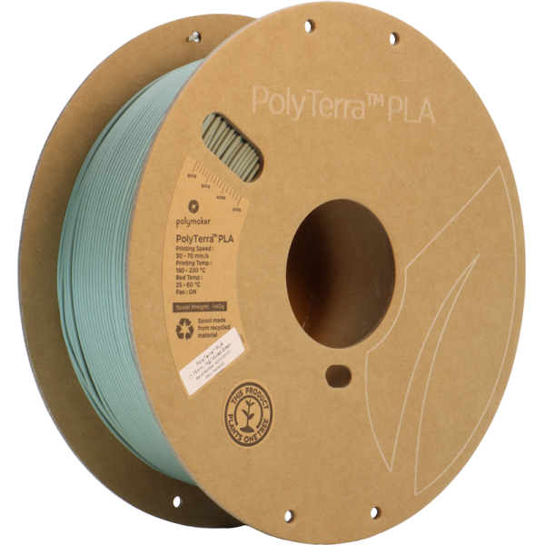 Close-up of a spool of Polymaker PolyTerra PLA 3D printing filament in a muted green color. The filament is 1.75mm in diameter and weighs 1kg. Ideal for matte finish prints and eco-friendly. (Polymaker, PolyTerra PLA, Muted Green, 1.75mm, 1kg, 3D printing filament, eco-friendly)