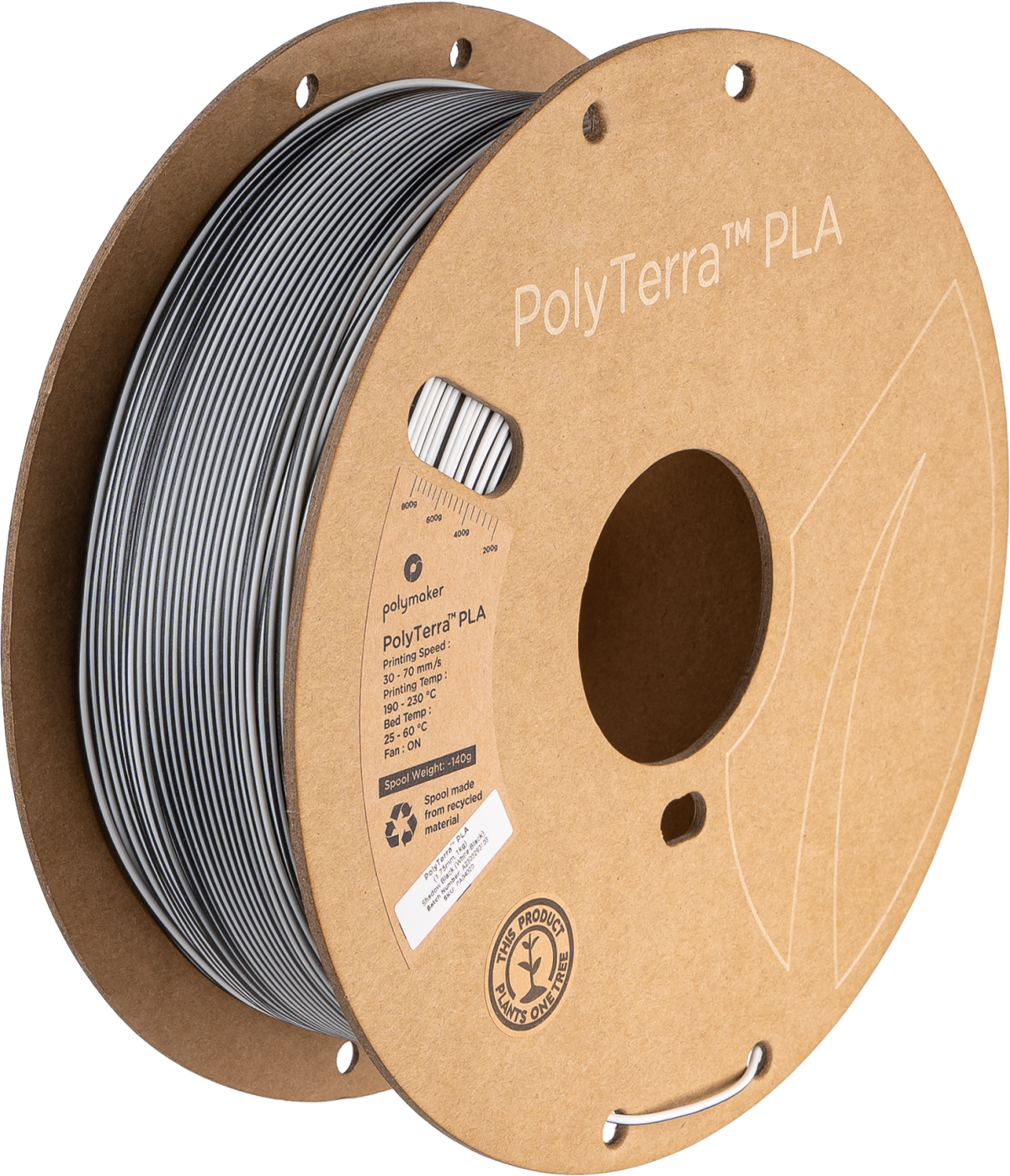 Close-up of a spool of Polymaker PolyTerra PLA 3D printing filament in Shadow Black. The filament is 1.75mm in diameter and weighs 1kg. Ideal for matte finish prints and eco-friendly. (Polymaker, PolyTerra PLA, Shadow Black, 1.75mm, 1kg, 3D printing filament, eco-friendly)