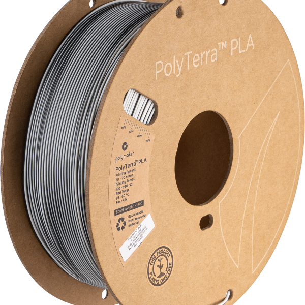 Close-up of a spool of Polymaker PolyTerra PLA 3D printing filament in Shadow Black. The filament is 1.75mm in diameter and weighs 1kg. Ideal for matte finish prints and eco-friendly. (Polymaker, PolyTerra PLA, Shadow Black, 1.75mm, 1kg, 3D printing filament, eco-friendly)