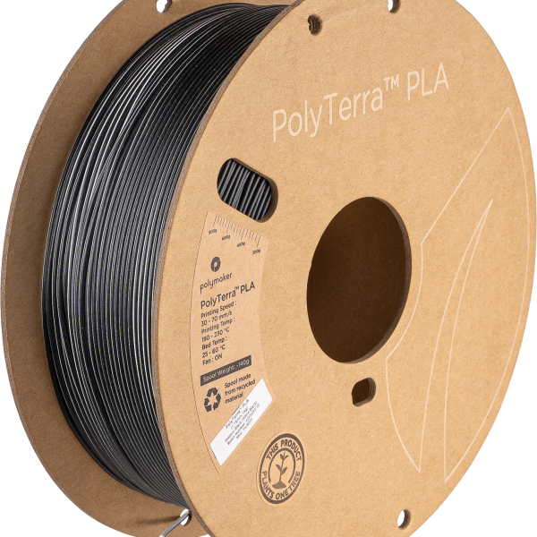 Κοντινό πλάνο μπομπίνας Polymaker PolyTerra PLA filament 3D εκτύπωσης σε μαύρο χρώμα σκιάς (Shadow Black), διάμετρο 1.75mm και βάρος 1kg. Ιδανικό για εκτυπώσεις με ματ φινίρισμα και φιλικό προς το περιβάλλον. (Polymaker, PolyTerra PLA, Μαύρο Σκιάς, 1.75mm, 1kg, filament 3D εκτύπωσης, οικολογικό)