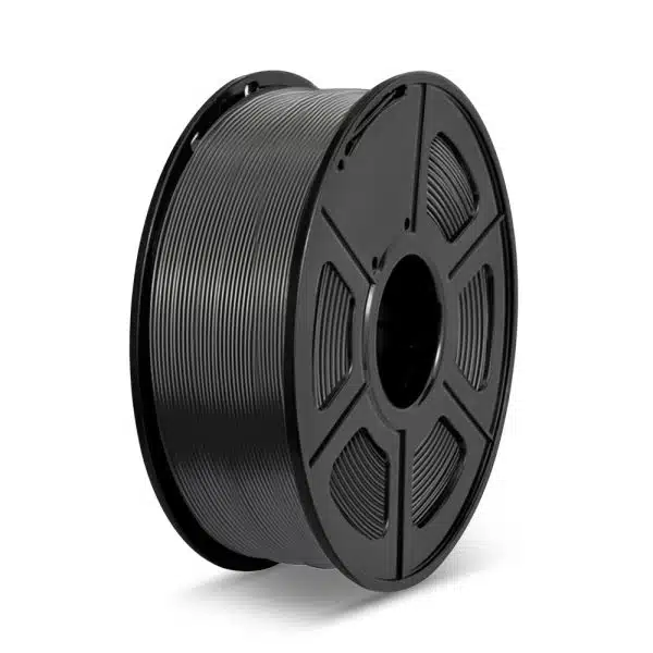 Κοντινό πλάνο μπομπίνας Sunlu PLA filament μαύρου χρώματος, 1 κιλού. Το filament είναι ιδανικό για εκτυπώσεις 3D με ματ φινίρισμα. (Sunlu, PLA, μαύρο, 1kg, filament 3D εκτύπωσης)