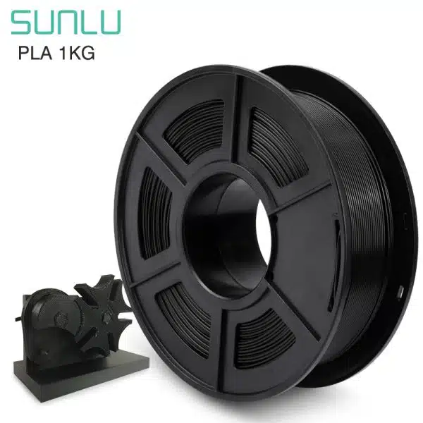 Close-up of a spool of Sunlu PLA black 1kg filament for 3D printers. The filament is solid black with a matte finish. (Sunlu, PLA, black, 1kg, 3D printing filament)