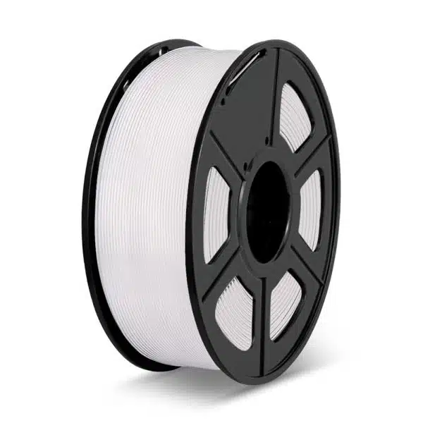 Close-up of a spool of Sunlu PLA white 1kg filament for 3D printers. The filament is solid white with a matte finish.